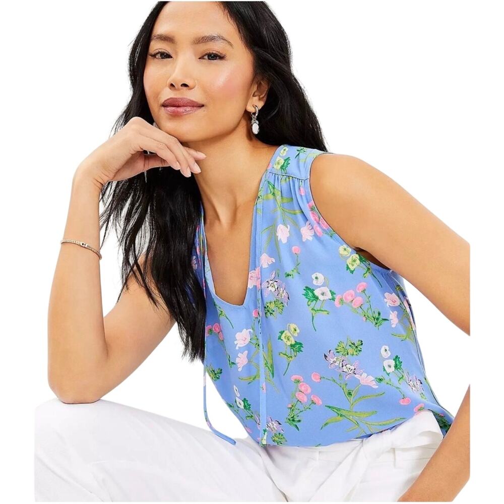 Loft Women’s petites tank blouse, spring floral pattern, soft jersey back, MP